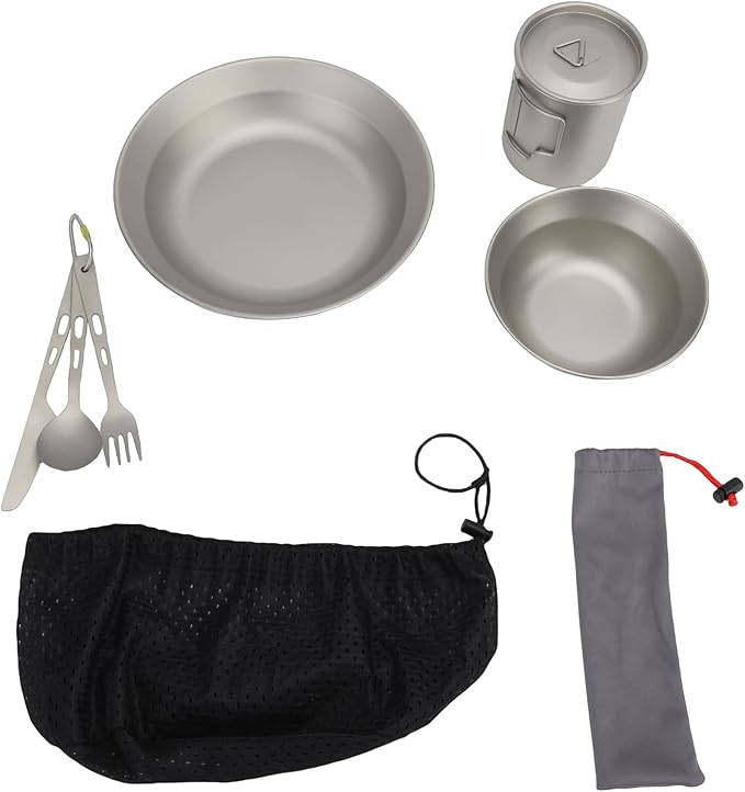 Camping Cutlery Set 10 Piece with Plate Bowl Cup Knife Fork Spoon Lightweight Portable Mess Kit for Camping Travel Picnic and Outdoor Dining