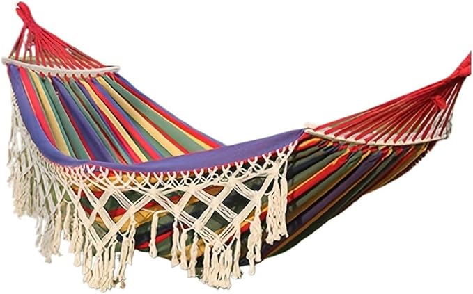 Bohemian Double Hammock for 2 Person Red White Striped Pattern with Tassels Heavy Duty Rope Outdoor with Carry Bag(Red)