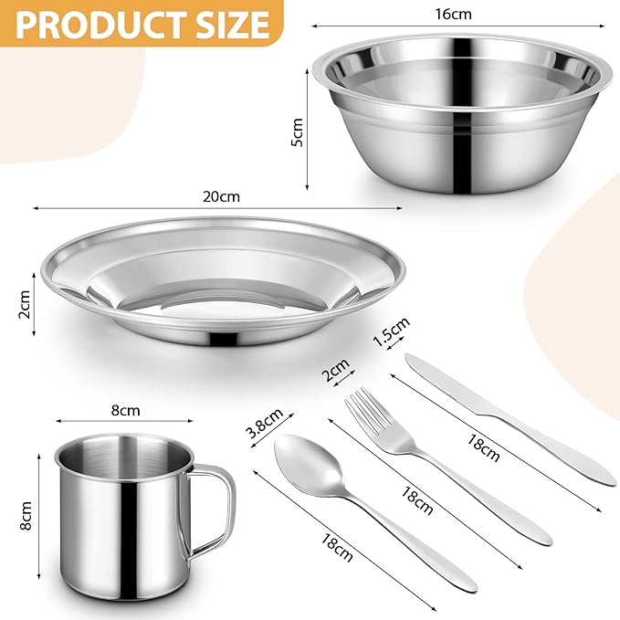 58 Pcs Camping Plates Cups and Bowls Set Stainless Steel Dishes Mess Kit Utensils Tableware with Spoons Forks Knives Storage Bags for 8 Person Outdoor Camping Backpacking Hiking Travel Picnic