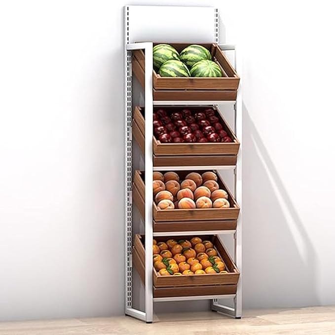 Commercial Supermarket Fruit &amp Vegetable Shelf 3/4 Tier Produce StorageLarge Capacity Retail Snack Rack Display With Wood Baskets Kitchen Onion Potato Produce(White rack+brown box4 tier)