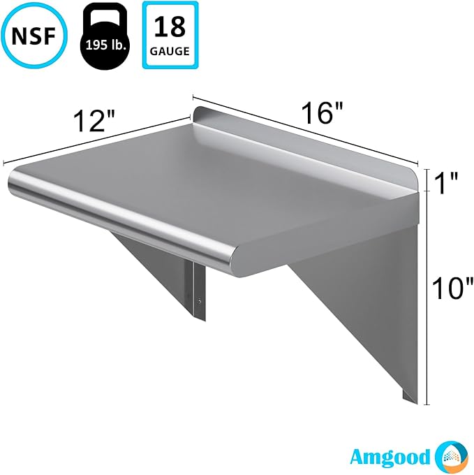 AmGood 12 in. x 16 in. Stainless Steel Wall Shelf | NSF Certified | Appliance &amp Equipment Metal Shelving | Kitchen Restaurant Garage Laundry Utility Room