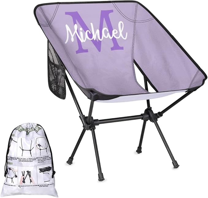 Custom Light Purple Portable Camping Chair Personalized Backpacking Chair with Name Lightweight Foldable Chairs for Hiking Beach