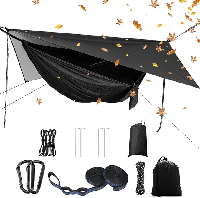 Portable Single Double Nylon High Strength Parachute Hammock Rainfly Set Camping Hammock with Rain Fly Tarp and Mosquito Net Tent Tree Straps Backpacking Hiking Travel Yard Outdoor Activities
