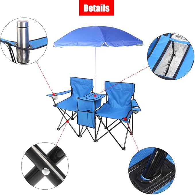 Portable 2 Seat Folding Camp ChairDouble Camping Chairs with Umbrella with Cooler Bag Beverage Holder Carrying Bag Foldable Lawn Chair for Outside Picnic Beach (Blue)