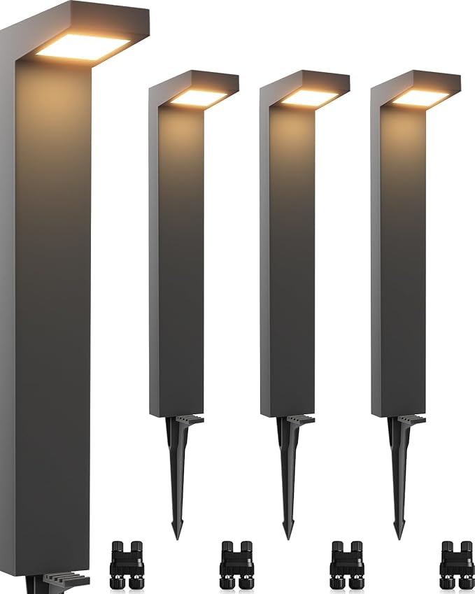 SUNVIE Low Voltage Pathway Lights Wired 3000K 5W LED Outdoor Landscape Lighting with Connectors Cast-Aluminum Waterproof Landscape Path Lights Low Voltage for Garden Walkway 12-24V AC/DC 4 Pack
