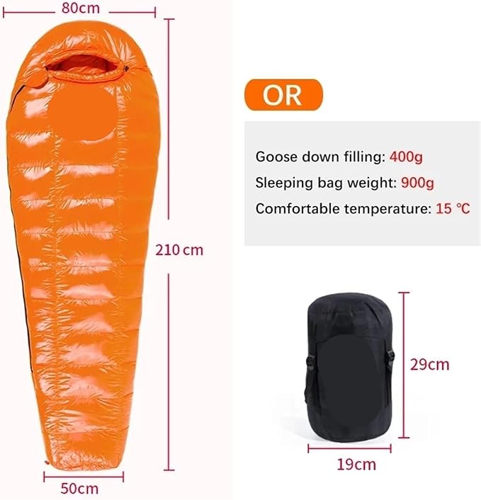 Sleeping Bag White Goose Down Sleeping Bag Camping Filled Men Warm for Travel Hiking for Adult(Orange 400g)