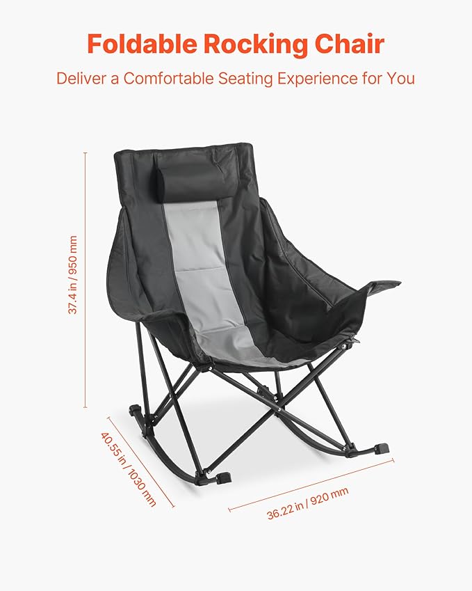 VEVOR Rocking Camping Chair Portable Folding Rocker Heavy-Duty Lawn Chair Recliner with Cupholder &amp Pocket Supports 225lbs Fully Padded Camp Chairs for Outdoor Patio Backyard Porch Garden