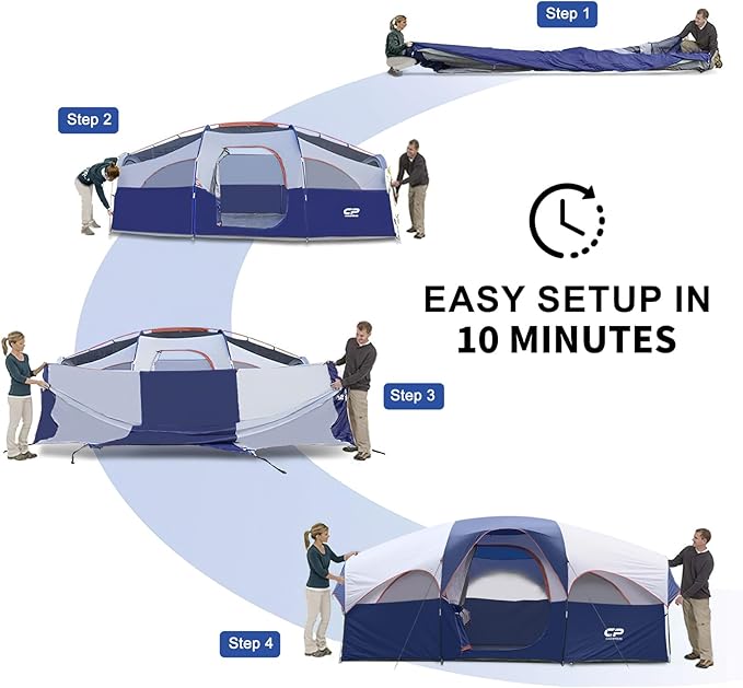 CAMPROS CP Tent 8 Person Camping Tents Weather Resistant Family Tent 5 Large Mesh Windows Double Layer Divided Curtain for Separated Room Portable with Carry Bag