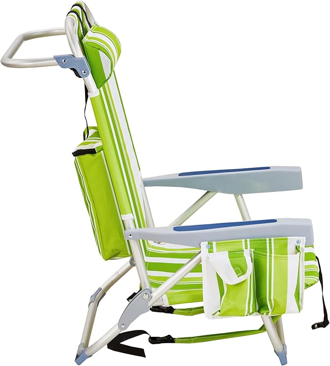 Folding Beach Chair for Adults5 Position Portable Backpack Foldable Lounge ChairCamping Chair with Headrest and Cup HolderCollapsible ChairsOutdoor Chair Capable of Bearing 220 lbsGreen Stripes