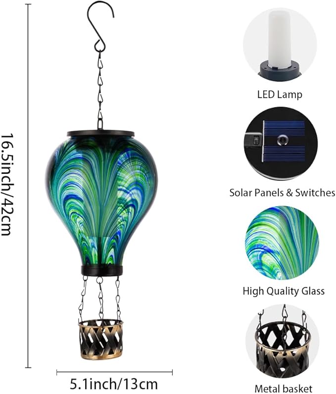 Starsoul Hot Air Balloon Solar Lantern Flickering Flame Light Tie-Dye Style Glass Solar Powered Hot Air Balloon Lamp Hanging Outdoor Lantern Waterproof Decor for Patio Garden Porch