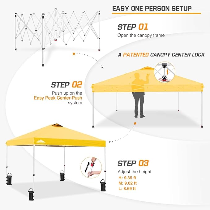 EAGLE PEAK Pop Up Canopy Tent with Wheeled Carry Bag 8 Stakes 4 Ropes 4 Weight Bags Easy Set Up Tent Canopy 10x10 ft 100sqft of Shade Yellow