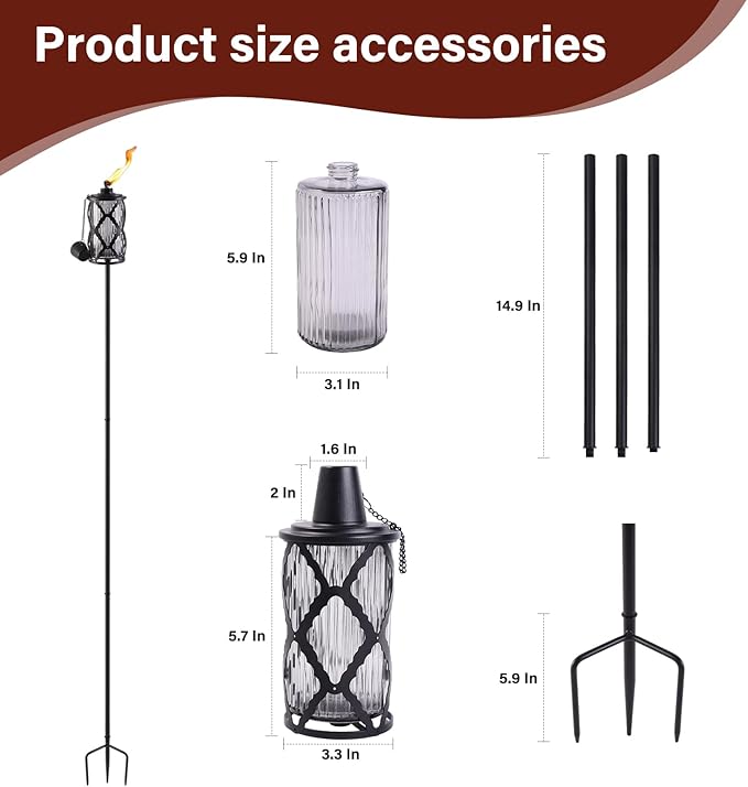 Home Garden Torch Set of 4 Large Capacity 16oz Outdoor Glass Torch Garden Décor58-Inch Upgraded Citronella Torches with 3-Prong Grounded Stake Torches for Party Patio Pathway