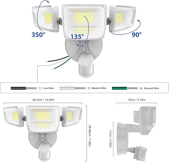 Onforu 90W 10000LM LED Motion Sensor Outdoor Lights 4-Head Dusk to Dawn Outdoor Lighting Hardwired Flood Lights IP66 Waterproof 6500K Security Floodlight for Outside (White)