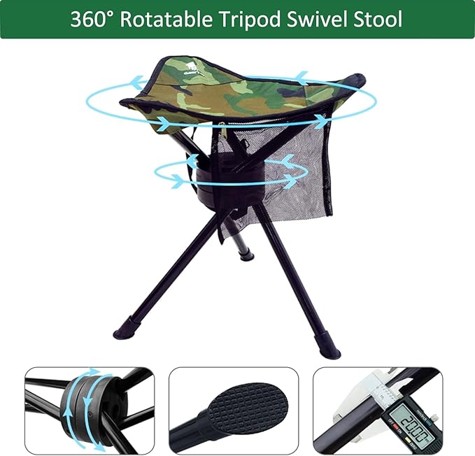 GEERTOP Portable Camping Swivel Folding Stool Seat Foldable Camp Tripod Chair Outdoor Survival Gear for Hiking Fishing Hunting Travel