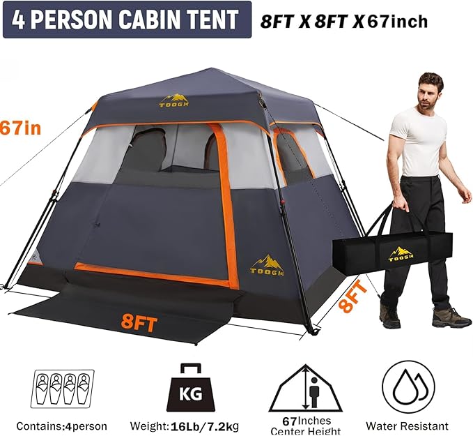3/4 Person Camping Tent with 1 Door 4 Windows and Upgraded Ventilation– Instant Setup Waterproof 8'x 8'x 67''Oxford Fabric Floor Pop Up in 60 Seconds Includes Rainfly and Backpack