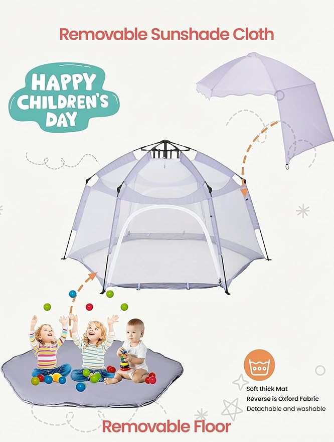 Portable Large Pop Up Kids Indoor Outdoor Tent with Canopy UV CoverThick Removable Floor for Sleeping Or Beach Shelter (Lilac)