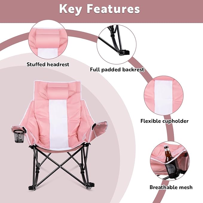 VITESSE Oversized Rocking Camping Chair Luxury Padded ReclinerOversized Folding Lawn Chair with Pocket and Carry BagOutdoor Camp Rocker Chairs for Adults Heavy Duty 300 LBS (Pink)