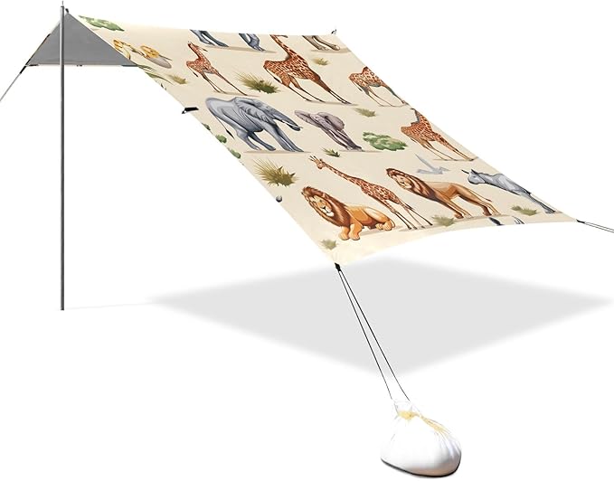 Lion Elephant Gazelle Rhinoceros Cheetah Antelope Camping Sun Shelter Beach Tent Portable Beach Sun Shade Outdoor Canopy for Camping Trips Fishing Picnic