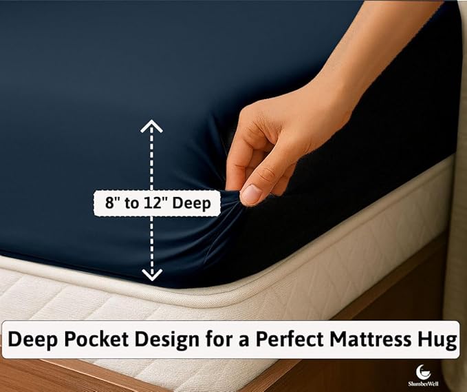 SlumberWell 4 Piece Luxury Soft Microfiber Fitted Bed Sheet Set for Campers 8 to 12 Inch Deep Pocket RV Short Queen 60 x 75 Navy Blue