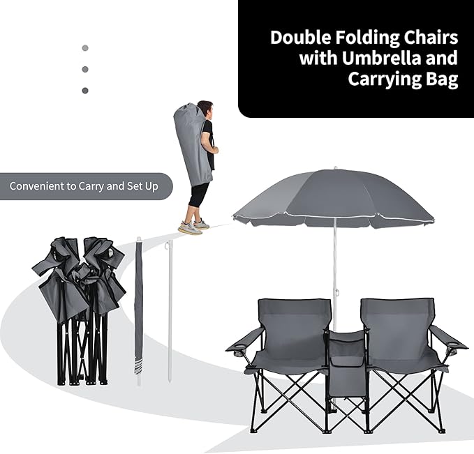 Goplus Double Camping Chair with Umbrella Folding Loveseat Chairs w/Canopy Shade Carrying Bag Table Cup Holder Portable Beach Chairs Outdoor Picnic Patio (Grey)