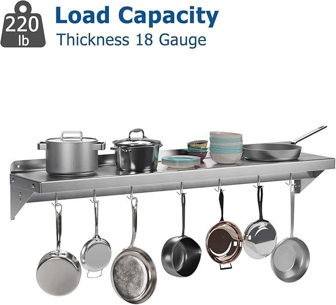 Stainless Steel Wall Shelf with Hooks - 12 x 48 Kitchen Storage Rack with Backsplash Metal Mount Organizer for Pots Pans Cookware for Home and Commercial Use NSF Certified