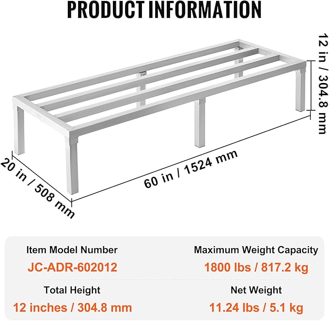 VEVOR Aluminum Dunnage Rack 60” x 20” Commercial Food Floor Rack 12” Off the Floor 1800 lbs Capacity All-Welded Aluminum Storage for Storage in Restaurants Kitchens Garages and Vehicles