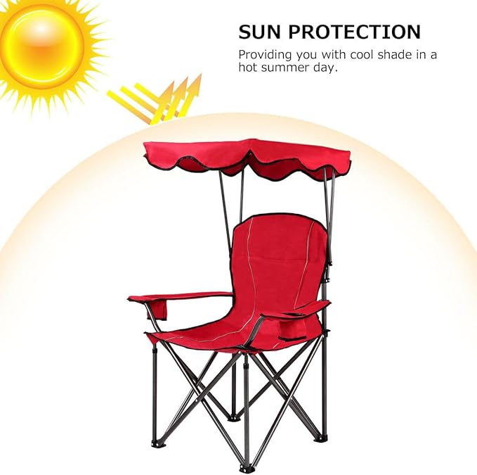 COSTWAY Portable Camping Chair with Canopy Outdoor Lawn Chair with Shade Carry Bag Cup Holder for Travel Picnic Beach (Red)