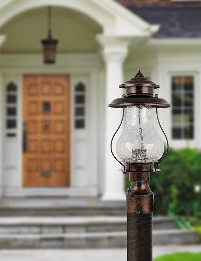 Dusk to Dawn Post Lights Outdoor Photocell Sensor Rustic Pole Mount Lanterns with Pier Mount Adapter Oil Rubbed Brown with Crackle Glass Waterproof Pillar Lights for Patio Garden Porch and Backyard