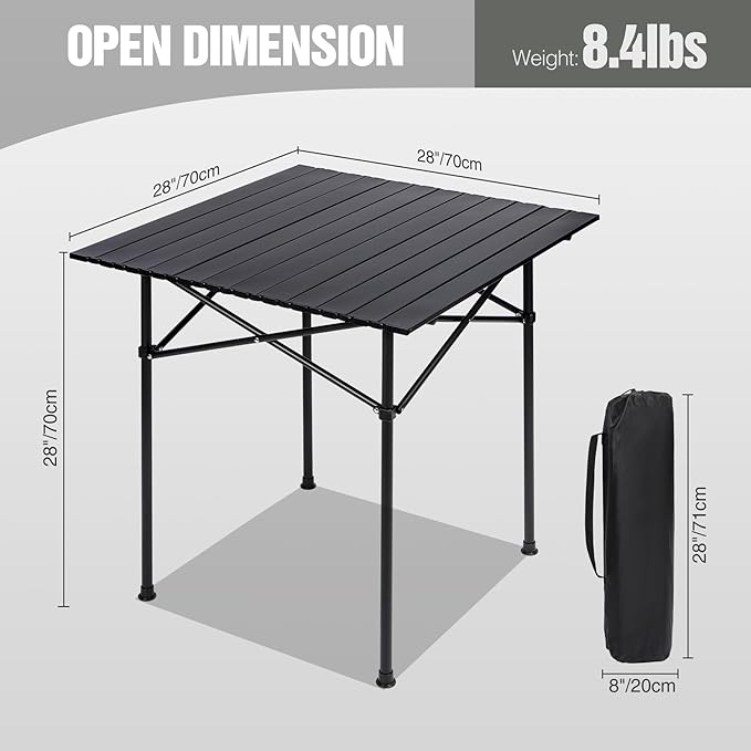 REDCAMP Roll Up Camping Tables That Fold Up Lightweight Portable Compact Metal Camp Table for Grill Outdoor Picnic Black Square 28x28 inches