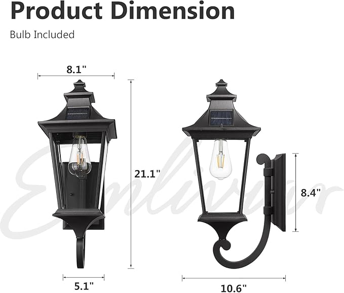 Emliviar Solar Exterior Front Porch Light with Remote Control 3 Lighting Modes Waterproof Solar Wall Lantern Auto On/Off Black Outside Light with Clear Glass 500181-SL BK