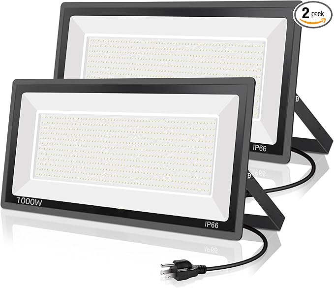 2 Pack 1000W LED Flood Light Outdoor4250W Equivalent Super Bright 99500LM 5000K Daylight White FloodLight with PlugIP66 Waterproof Commercial Lighting for Sports FieldsCountsArenaStadium