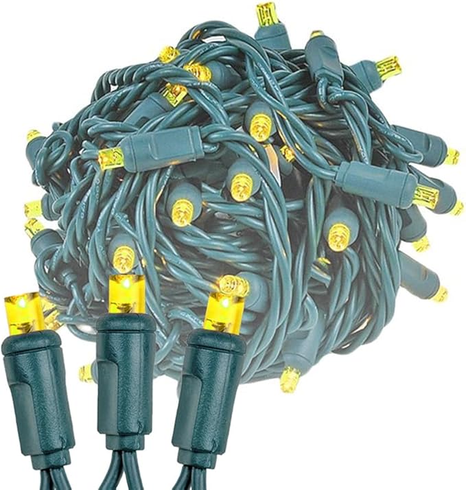 Novelty Lights 25ft 50 LED Yellow Christmas Lights Outdoor/Indoor 6 Spacing Green Wire String Lights for Festive Xmas Lighting IP55 UL Listed Dimmable Connectable
