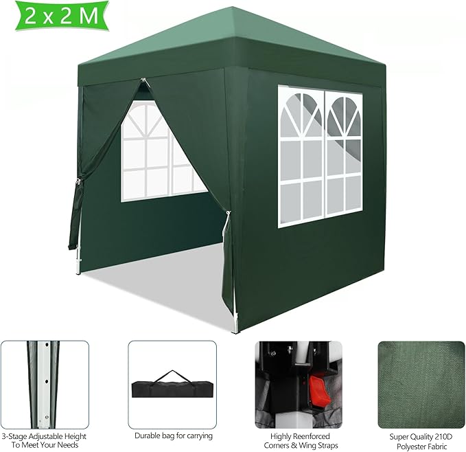 2x2m Gazebo with Sides Canopy Tent Outdoor Instant Shelter Folding Canopy Outdoor Party Tent Patio Canopy Tent Gazebo Outdoor Canopy Folding Garden Gazebo Party Tent (Green)