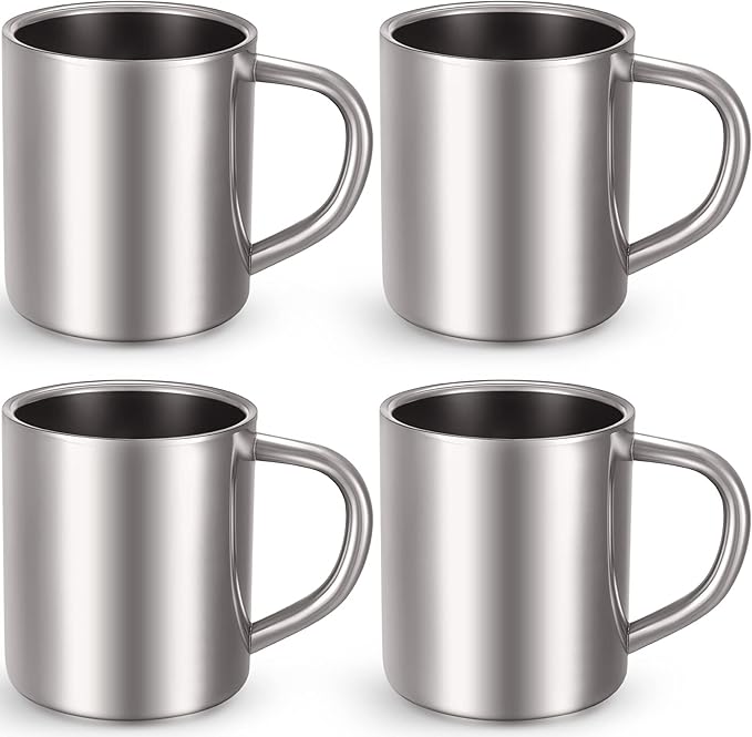 Cunhill 4 Set Small Stainless Steel Coffee Mug 7.5oz/220ml Metal Double Walled Cups Camping Mug with Handle Dishwasher Safe Tea Cups for Camping Travel Outdoors Rv Keep Drinks Hot
