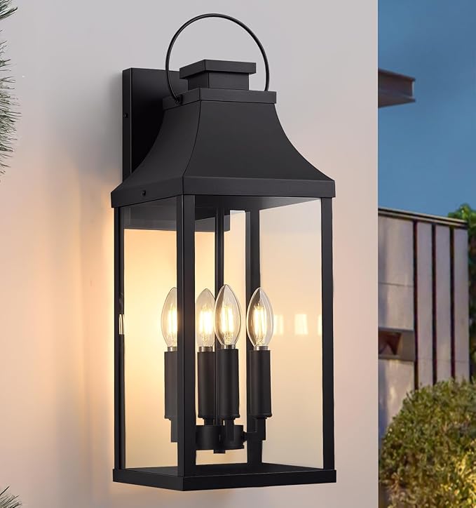 tewei 22'' Large Outdoor Wall Light Porch Light Outdoor Wall Sconce Lantern 4-Light Modern Black Exterior Lighting Fixture Wall Mount Outside Light for House Garage 1-Pack