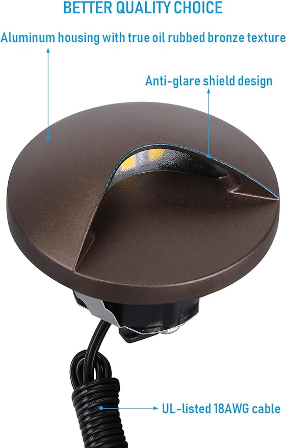 LEONLITE 12-Pack Recessed Low Voltage LED Deck Light Anti-Glare 12-24V AC/DC Recessed LED Step Riser Light IP65 Outdoor Step Stair Lights 3000K Warm White Aluminum Housing Oil Rubbed Bronze