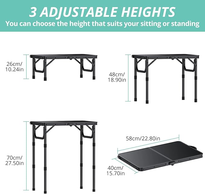 VINTEAM Camping Folding Table with Adjustable Height Lightweight Portable Outdoor Picnic Table BBQ Grill Side Table Durable Aluminum Frame MDF Desktop for Camping Fishing RV Beach (Black)
