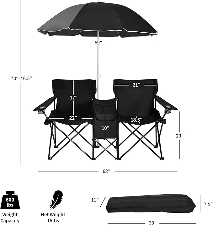 Tangkula Double Camping Chairs with Umbrella Portable 2 Seat Folding Camp Chair with Cooler Bag Beverage Holder Carrying Bag Foldable Lawn Chair for Outside Fishing Picnic Beach