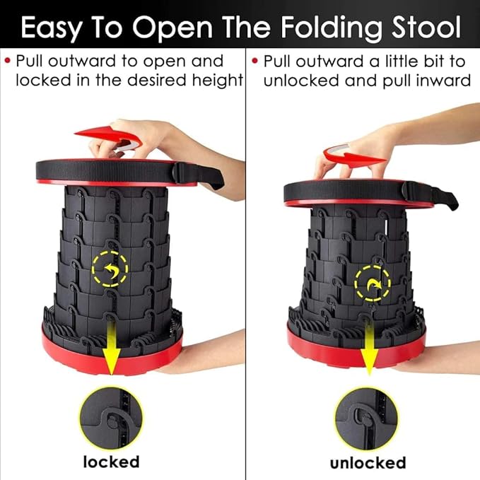 AZM Displays Retractable Folding Stool Collapsible Portable Chair Sturdy Telescopic Stool Lightweight for Camping Fishing Hiking Long Lines Amusement Parks (Red)