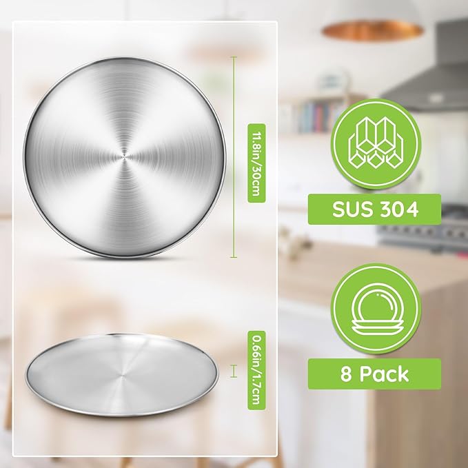 Stainless Steel Plates 8 Pack 11.8 inch 304(18/8) Metal Food Serving Plate Set Reusable Snack Eating Dishes Round Shatterproof Plate Silver BBQ Dinner Lunch Dinnerware Oven Dishwasher Safe