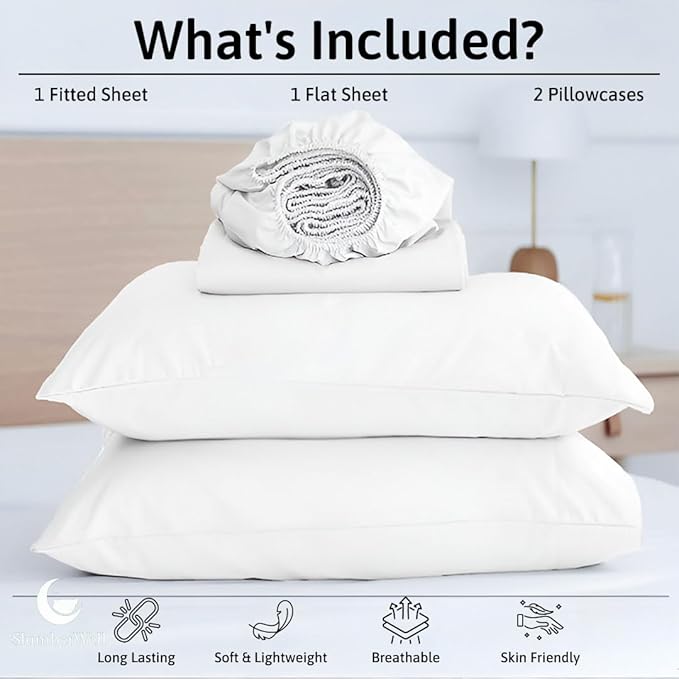 SlumberWell 4 Piece Luxury Soft Microfiber Fitted Bed Sheet Set for Campers 8 to 12 Inch Deep Pocket RV Eastern King Size 76 x 80 White