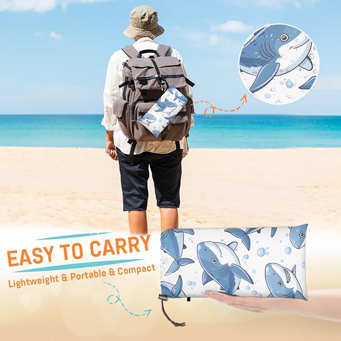 Waterproof Sandproof Beach Blanket 59''×68'' Ocean Sharks Polyester Outdoor Picnic Blanket with 4 Stakes &amp Storage Bag for BeachCampingVacation White Bottom