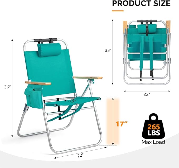 Bonnlo Lightweught 17 Backpack Beach Chair Tall Beach Chairs for Adults Portable with Adjustable Straps 3-Position Reclining Cup Holder High Beach Chairs for Beach