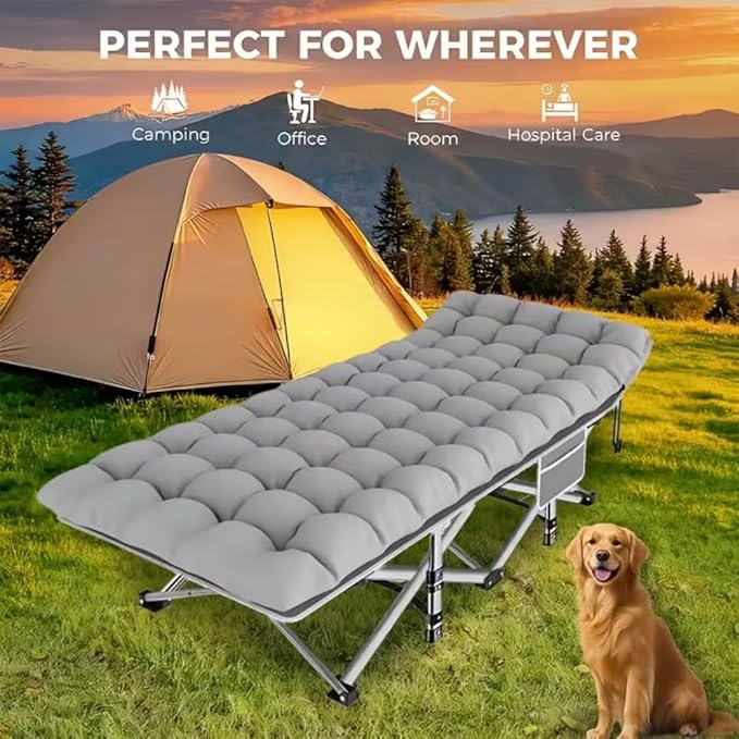 Comfortable and Soft Folding Bed Portable Camping cot with Side Pockets and Mattress Extra-Thick Oversized Folding Bed Weight Capacity of 500/600/700 lbs (Grey 700lbs)