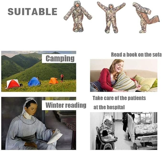 72 Large Wearable Human Sleeping Bag Zipped Foot Opening Design Free Size Ultralight Hoodie Quilted Warm Thermal Coat for Adults Winter or Outdoor 4 Season Camping