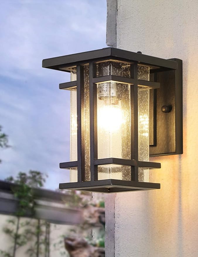 Retro Outdoor Wall Light Small Outside Wall Lamp with Clear Seeded Glass Shade 10H Exterior Light Fixtures Wall Mount IP65 Waterproof Outdoor Porch House Lighting Exterior Wall Lantern E26Black