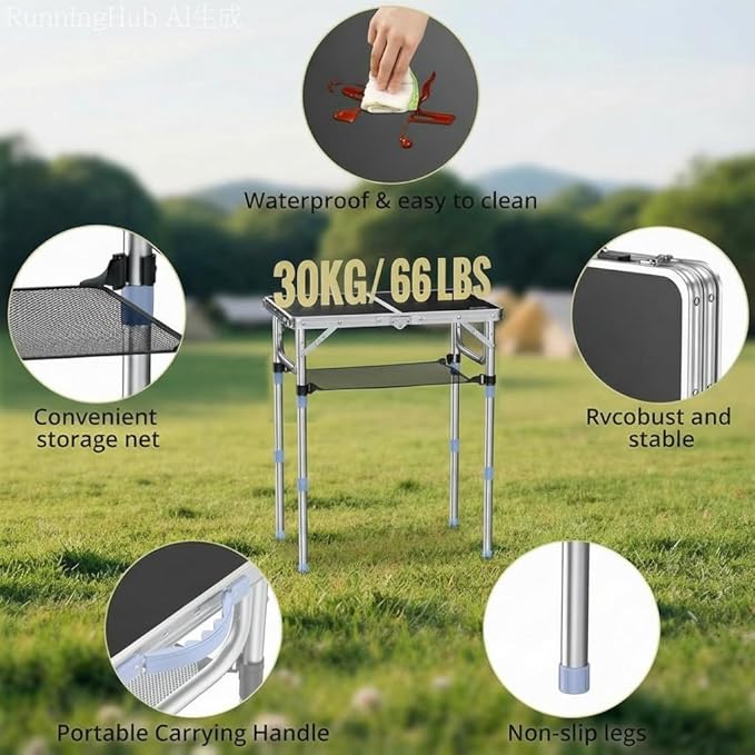 Small Folding Table Portable 2FT Camping Pinic Table with 3 Adjustable Height Aluminum Foldable Lightweight Patio Side Table with Carry Handle for Outdoor Hiking Camp BBQ Beach (Black)
