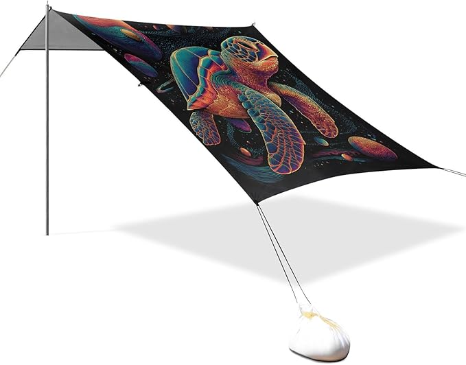 ALAZA Sea Turtle with Planets Beach Tent Sun Shelter UPF50+ Protection Beach Shade Canopy w/ 4 Sandbags for Outdoor Camping Fishing Backyard Fun Picnic 10x9 ft