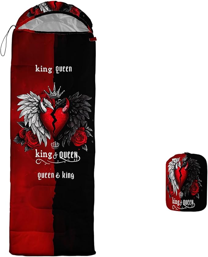AILONEN 3D Printed Sleeping Bag 90x31 Weatherproof Lightweight Sleeping Bag with Portable Bag King Queen Red Black Heart Crown Theme for Camping Hiking Outdoor Adventures