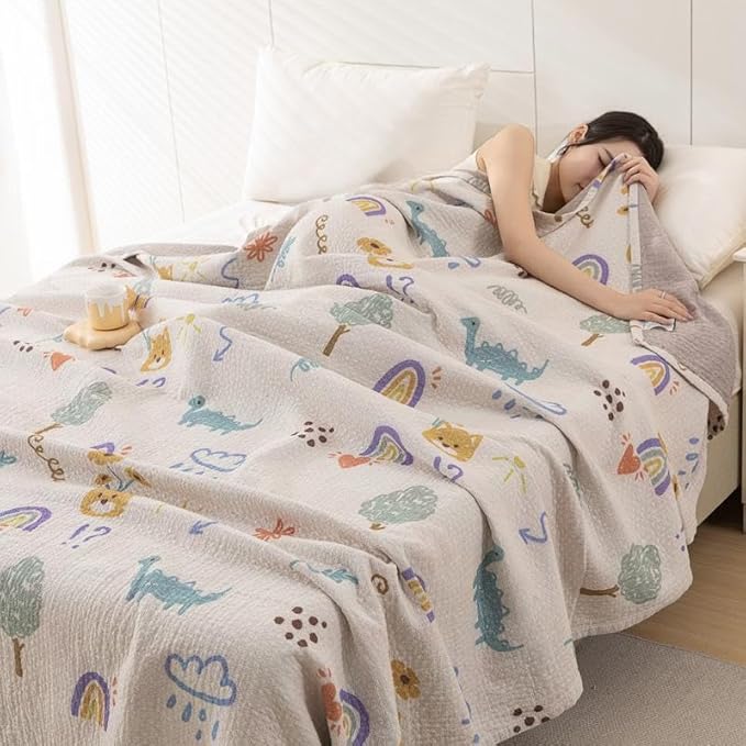 Bnitoam Dinosaur 100% Cotton Bed Blanket 80x92 3 Layer Muslin Blanket Cooling Breathable Lightweight Summer Gauze Throw for Hot Sleepers Adult Birthday Gift (Print Dinosaur 80x92)